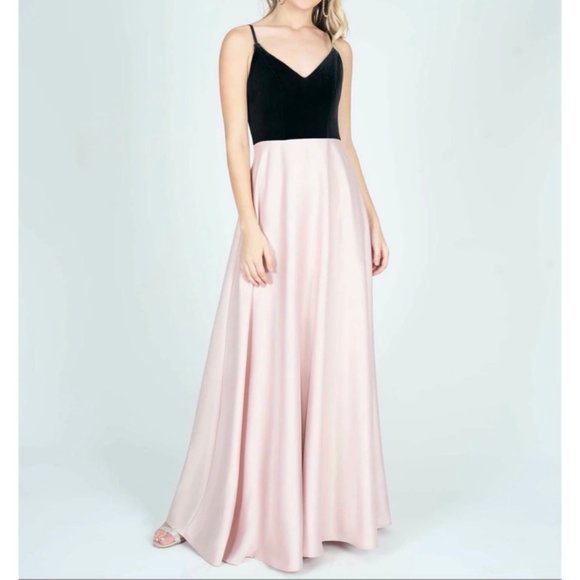 Ella Gown Black Velvet Blush Satin Maxi Dress Prom - Picture 5 of 6